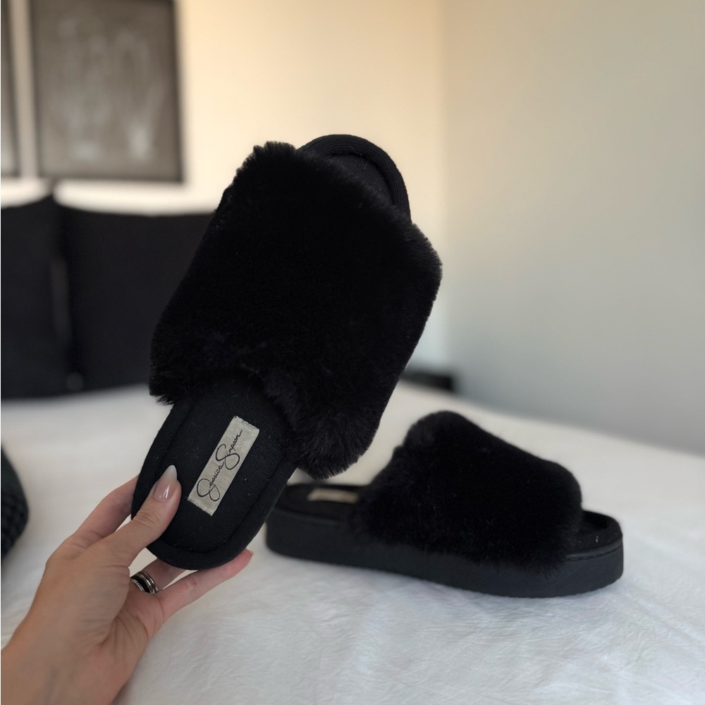 Jessica Simpson Black Faux Fur Slides